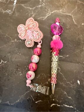 Pink Fur Stethoscope Rhinestone Beaded Pen and Matching Badge Reel Set Handmade